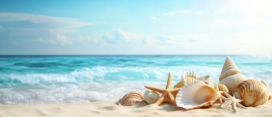 Wall Mural - Light sandy shore, turquoise waters, seashells in foreground, clear sky, gentle waves.