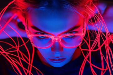 Futuristic woman with neon lit glasses and red electric wires around her face symbolizing advanced technology sci fi aesthetics and cybernetic enhancements in a vibrant digital world