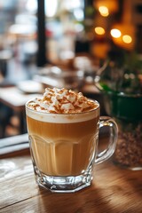 Canvas Print - Closeup of a Glass of Coffee with Whipped Cream and Cinnamon on a Wooden Table.