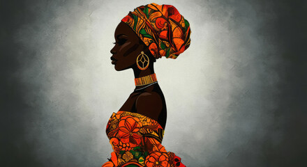 Painting of a silhouette of an African woman with floral patterned dress showcasing rich culture and tradition.