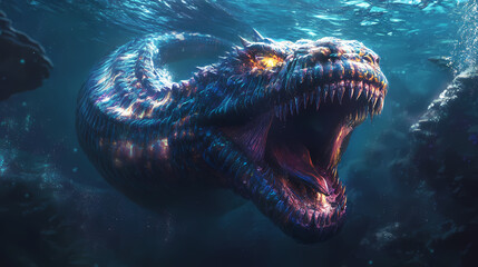 Sea monster open its mouth with teeth, fantasy underwater creature, generative ai. Sea Monster. Illustration