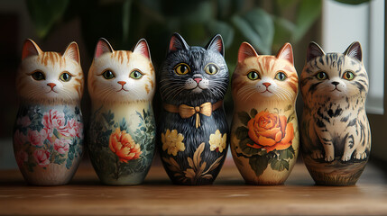 Wall Mural - Set of five decorative matryoshka cat dolls. animal nesting dolls. Folk Art. Illustration