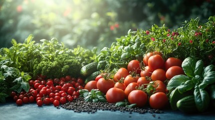 Freshly Picked Herbs and Veggies Arranged for a Vibrant Culinary Presentation