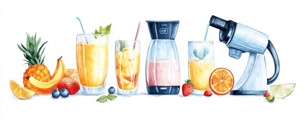 Blender and fresh juice glasses with fruits on a white background.