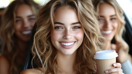 A group of cheerful young women savoring coffee and friendship in a cozy car setting