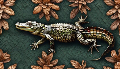 Wall Mural - Dark Green and Brown Crocodile Skin Pattern: Seamless Reptile Print Texture for Luxurious Leather Wallpaper