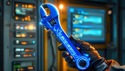 Futuristic digital hand gripping wrench amidst radiant binary code, symbolizing AI-driven maintenance management and innovative equipment diagnostics solutions