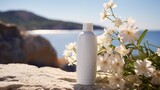 photograph of a white mock-up of a shampoo bottle, set against a backdrop of spring flowers and foliage