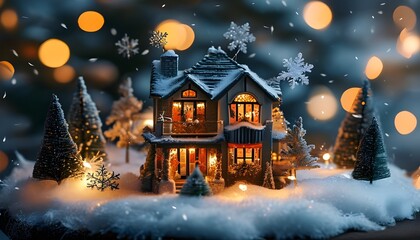 Cozy holiday ambiance in a wintry scene with festively decorated miniature houses adorned with lights and snow