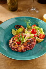 Wall Mural - Grilled Octopus with Fresh Tomato Salad - Vibrant Culinary Photography Highlighting Rustic Earth Tones