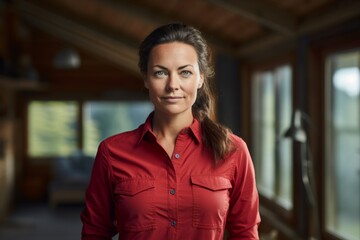 Sticker - Portrait of a smiling woman in her 40s sporting a breathable hiking shirt isolated on scandinavian-style interior background