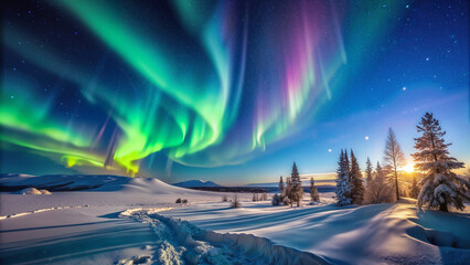 vibrant northern lights over snowy landscape at night, stunning aurora borealis display