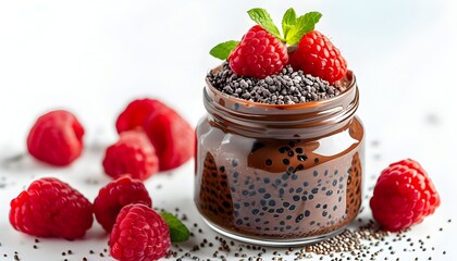 Decadent chocolate chia pudding parfait layered with whipped cream and fresh raspberries in a charming mason jar