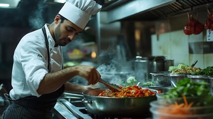 A chef in a white chef's hat stirs vegetables in a large pot on a stove in a restaurant kitchen.