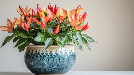 Wall Mural - Vibrant potted plant with red and orange foliage in decorative pot.