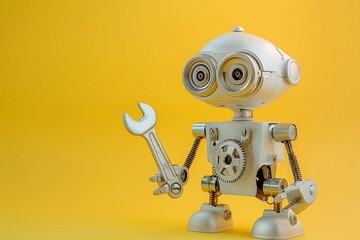 A robot on a yellow background holds a wrench in its hand. The robot is made of metal and has a mechanical appearance. Space for text