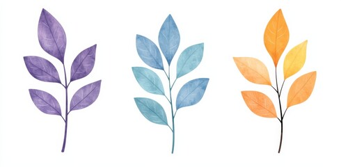 three simple illustrations of leaves and flowers in purple, blue, orange, and yellow on a white background