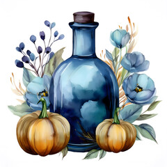 Halloween-themed watercolor clipart hand drawing ideas, Spell Book with potion bottles and pumpkins