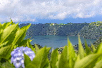 View to the Lake and mountains of Sete Cidades (Lagoa das Sete Cidades). Sao Miguel island, Azores, Portugalscenery, sky, mountain, adventure, adventure travel, attraction, azores, beautiful, blossom,