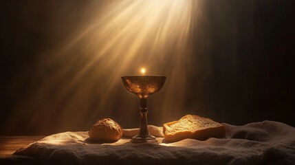 A chalice, bread, and a cloth illuminated by warm, golden light.