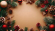 © LightCraft - Row of red christmas ball decorations and pine cones on a green background