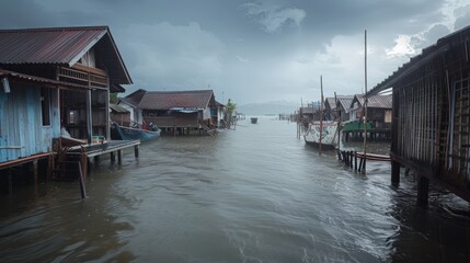 Stormy Seas, Stilt Village: A tranquil yet dramatic view of a water village under a brooding sky, showcasing the resilience and beauty of life in harmony with nature.