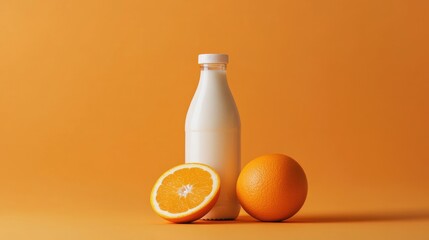 Bottles of milk paired with an orange, set against a striking orange background, highlighting freshness and contrast.