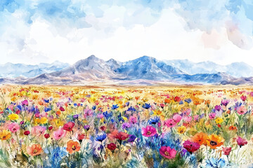 Wall Mural - A vibrant desert landscape filled with colorful wildflowers under bright blue sky, showcasing beauty of nature and serenity of mountains in background