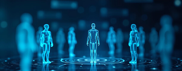 Digital human figures in a futuristic interface symbolize personalized medicine and precise diagnostics
