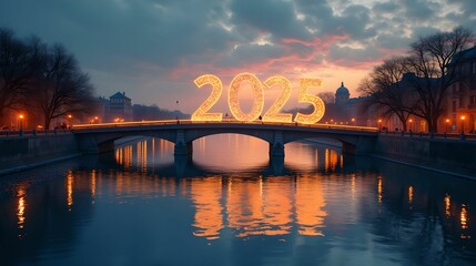 Happy New Year 2025. Landscape bridge over the river. Banner