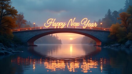 Wall Mural - Happy New Year 2025. Landscape bridge over the river. Banner