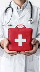 A healthcare professional holds a red first aid kit, symbolizing emergency care and medical assistance.