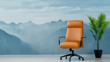 Poster - Office room Interior, mountain walls white floor, and comfortable orange chairs