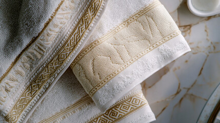 A close-up of a luxurious towel featuring intricate gold embroidery against a soft, cream background, showcasing elegant design and texture.