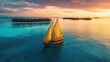© Bijac - majestic golden sailboat gliding through crystalclear turquoise waters its billowing sails catching the warm glow of a tropical sunset palmfringed islands dot the horizon