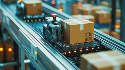 A detailed shot of a robotic system sorting packages in a warehouse, representing the future of automated material handling and logistics