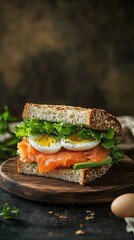 Gourmet salmon sandwich with sliced egg and fresh greens on rustic bread, served on wooden board. Healthy and delicious breakfast or lunch option.