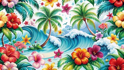 Vibrant colorful tropical floral pattern featuring exotic palm trees, bright hibiscus flowers, and swirling ocean waves in a stylized illustration on white background.