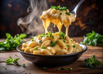 Creamy macaroni pasta overflowing with a rich melted cheese sauce, topped with a sprinkle of fragrant savory herbs, against a dark blurred background.