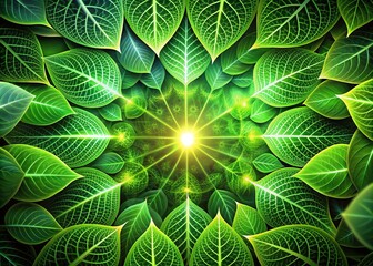 Vibrant green leaves with intricate veins serve as a canvas for radiant glowing geometric shapes, swirling in mesmerizing patterns of light and color.