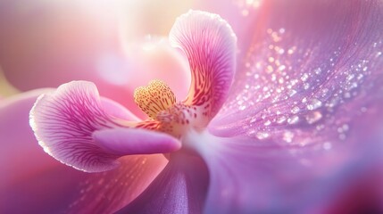 A macro shot of a pink orchid's center, highlighting the intricate patterns and soft textures of the petals.