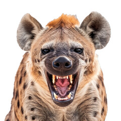 aggressive spotted hyena snarling and showing its teeth on a white background