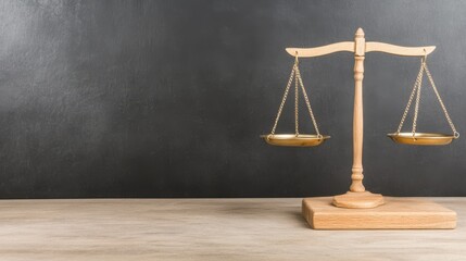 Justice Scales on Wooden Table with Blackboard Background