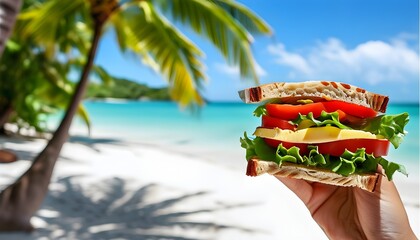 Wall Mural - Healthy sandwich enjoyed on a tropical beach with golden sand and vibrant ocean waves