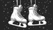 © MYKHAILO KUSHEI - White ice skates dangle from strings in a snowy backdrop, capturing the essence of winter sports and seasonal joy, ideal for skating enthusiasts.