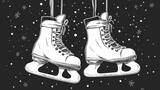 White ice skates dangle from strings in a snowy backdrop, capturing the essence of winter sports and seasonal joy, ideal for skating enthusiasts.