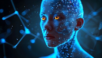 Wall Mural - Abstract human face formed by glowing blue particles symbolizing artificial intelligence