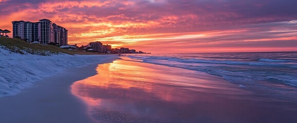 Wall Mural - Beach and coastline at sunset with vibrant colorful sky.