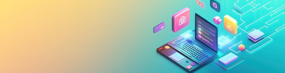A digital illustration of a laptop with floating app icons and coding elements.
