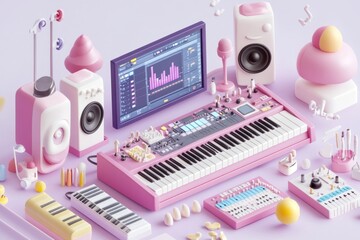 Sticker - A colorful, playful music production setup featuring instruments and audio equipment.